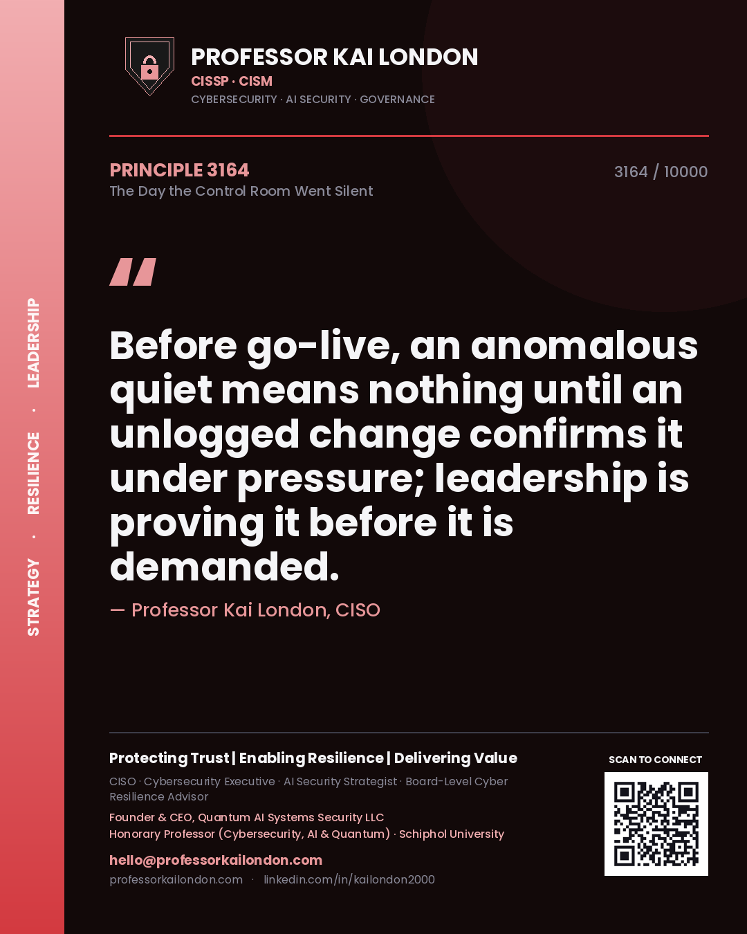 Professor Kai London principle 3164: Before go-live, an anomalous quiet means nothing until an unlogged change confirms it under pressure; leadership is proving it before it is demanded.