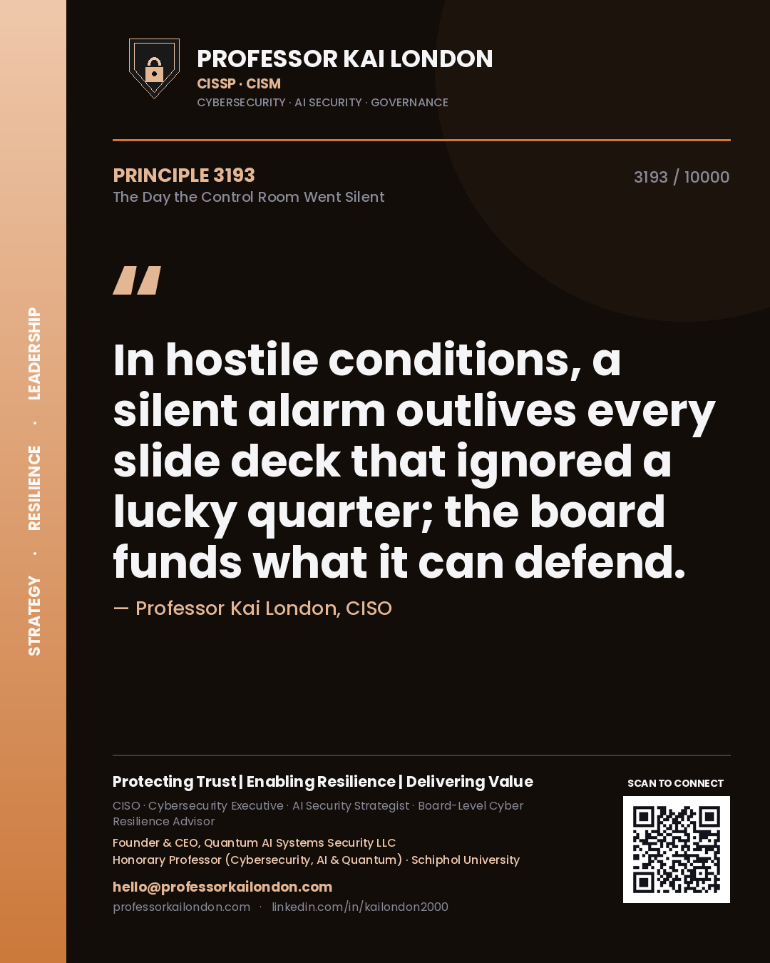 Quote card by Professor Kai London reading 'In hostile conditions, a silent alarm outlives every slide deck that ignored a lucky quarter; the board funds what it can defend.'. From the book The Day the Control Room Went Silent.