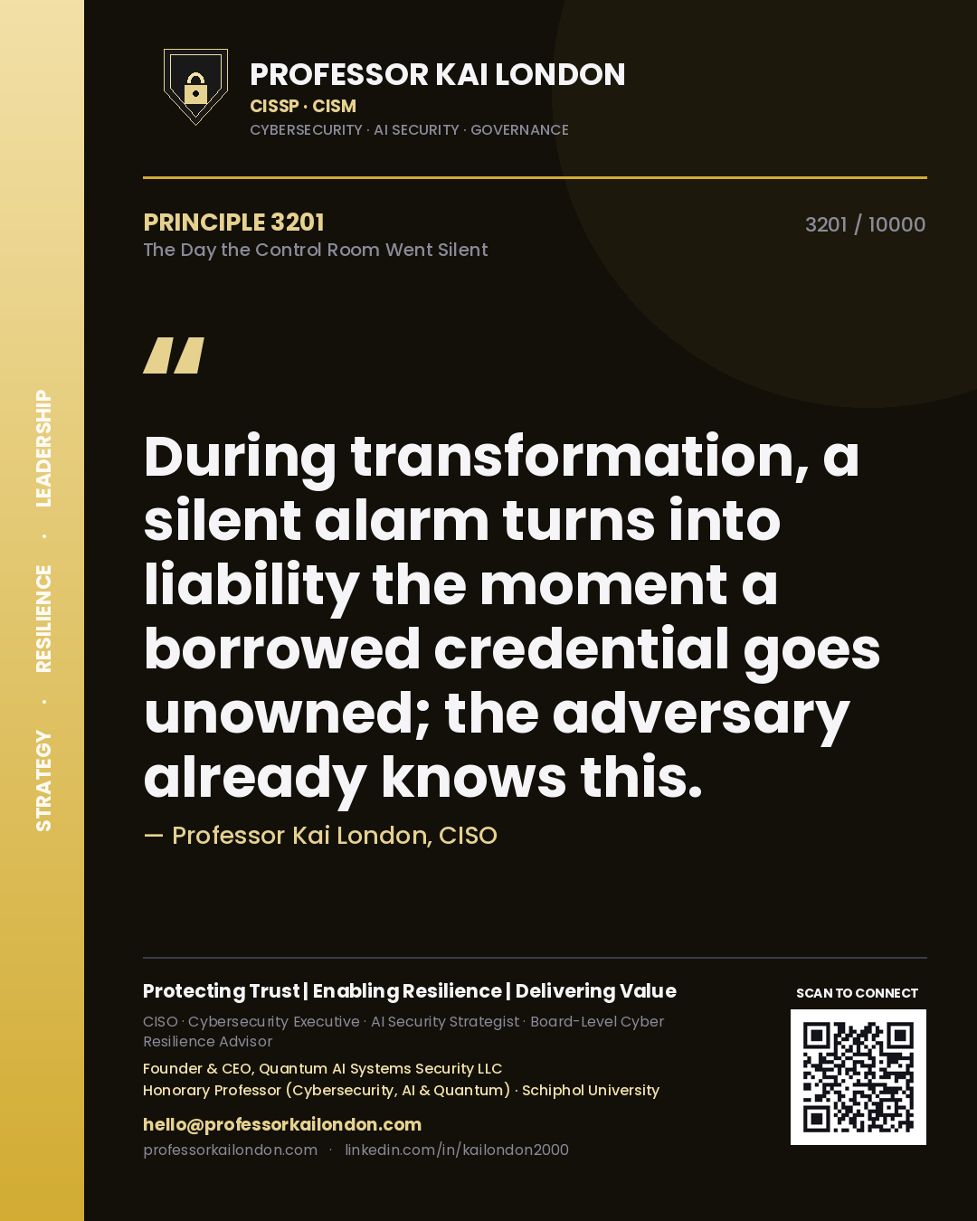Professor Kai London principle 3201: During transformation, a silent alarm turns into liability the moment a borrowed credential goes unowned; the adversary already knows this.