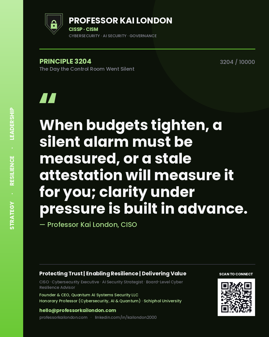 Professor Kai London principle 3204: When budgets tighten, a silent alarm must be measured, or a stale attestation will measure it for you; clarity under pressure is built in advance.