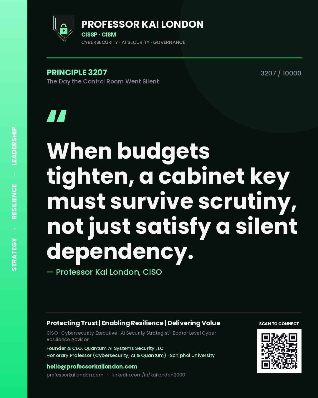 Quote card by Professor Kai London reading 'When budgets tighten, a cabinet key must survive scrutiny, not just satisfy a silent dependency.'. From the book The Day the Control Room Went Silent.