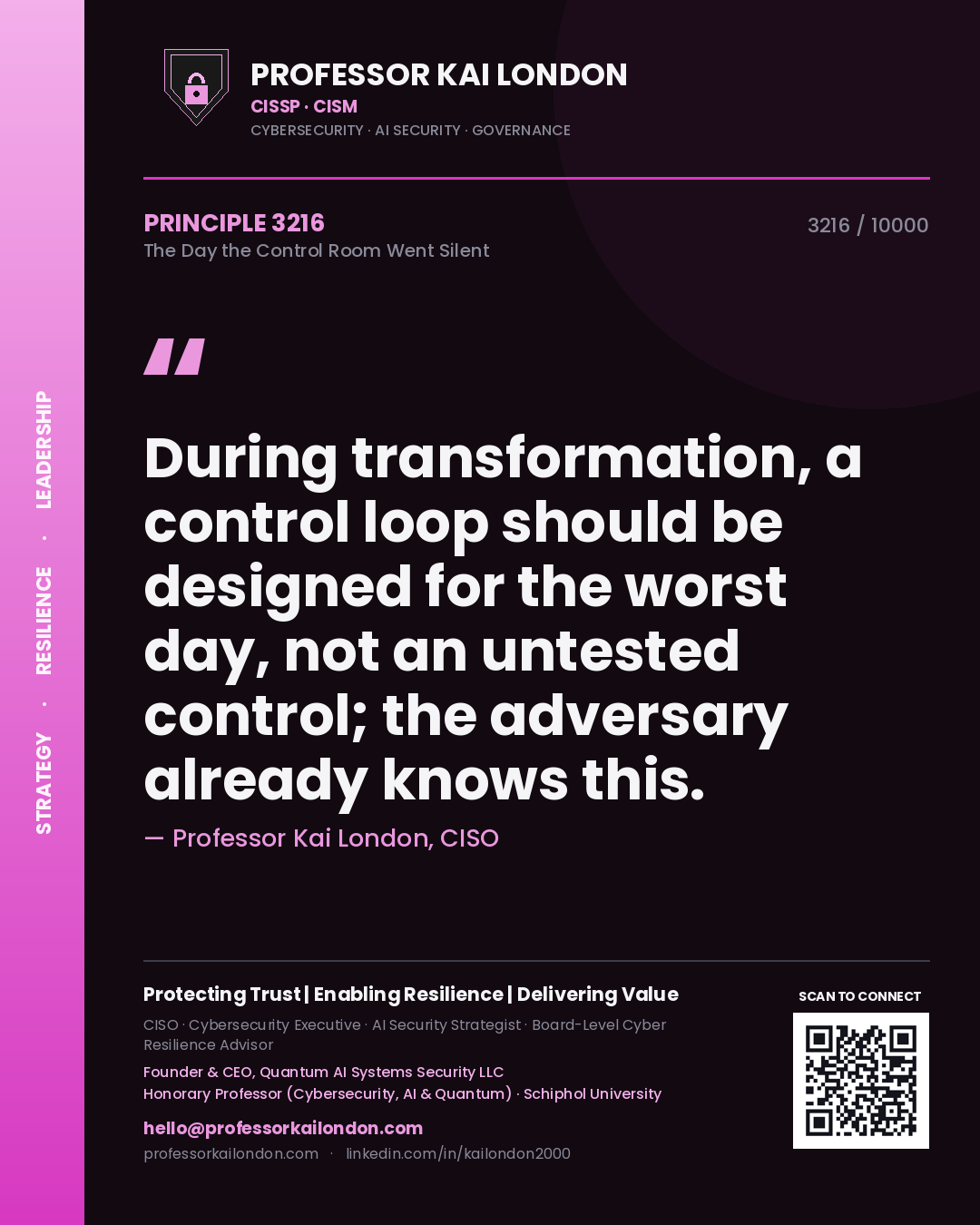 Quote card by Professor Kai London reading 'During transformation, a control loop should be designed for the worst day, not an untested control; the adversary already knows this.'. From the book The Day the Control Room Went Silent.