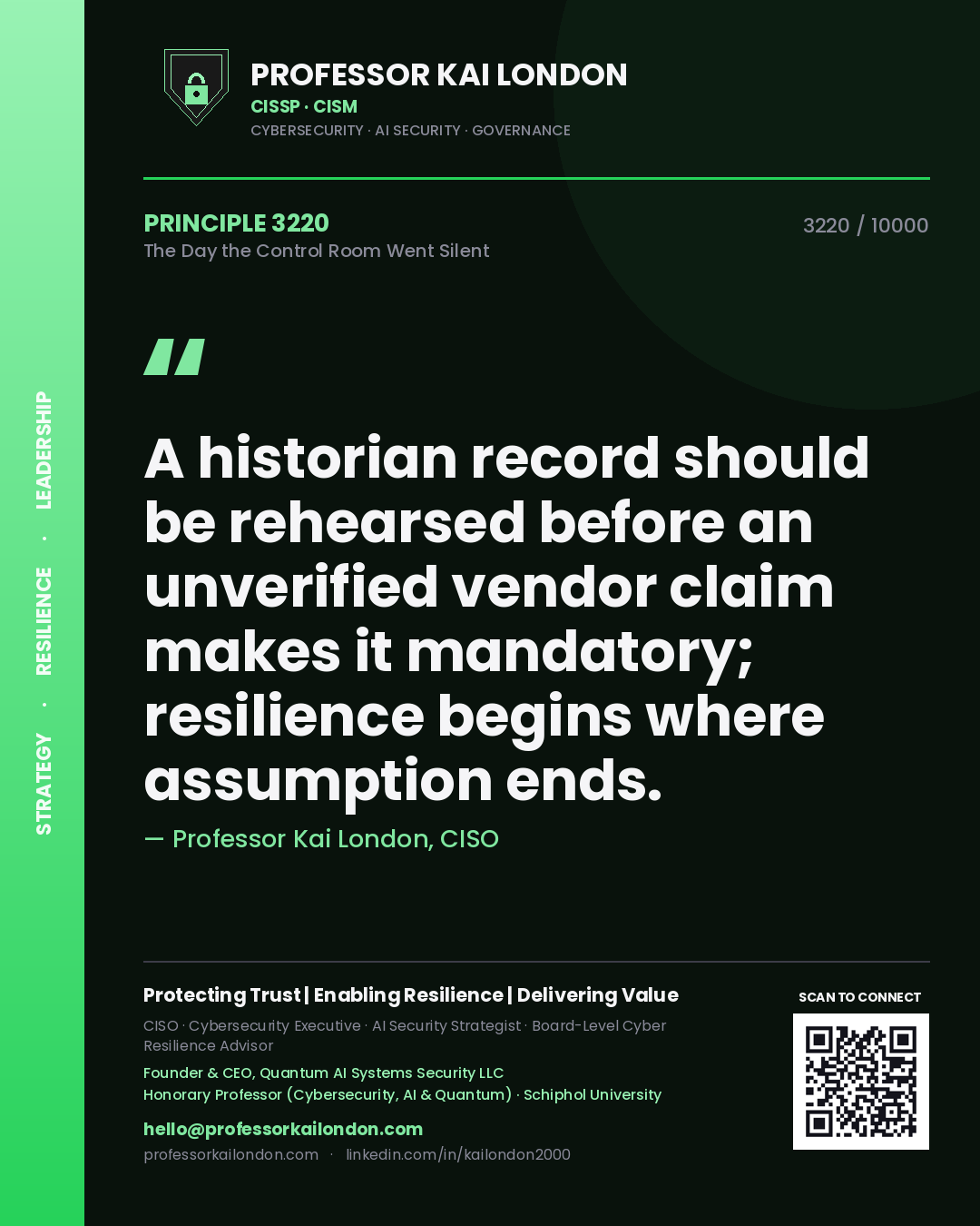 Professor Kai London principle 3220: A historian record should be rehearsed before an unverified vendor claim makes it mandatory; resilience begins where assumption ends.
