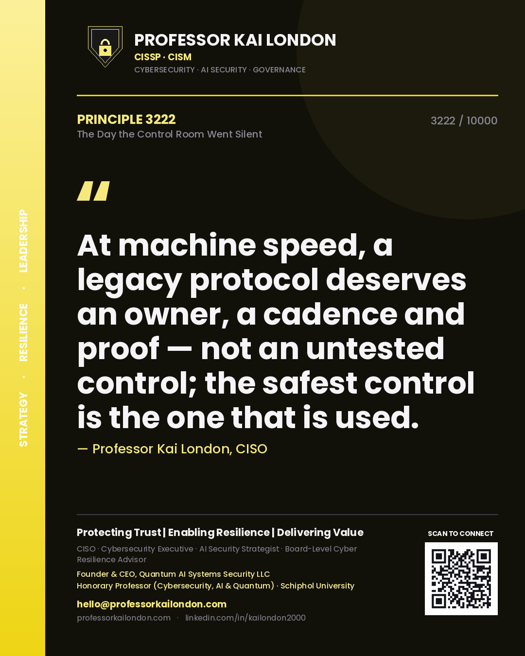 Quote card by Professor Kai London reading 'At machine speed, a legacy protocol deserves an owner, a cadence and proof — not an untested control; the safest control is the one that is used.'. From the book The Day the Control Room Went Silent.