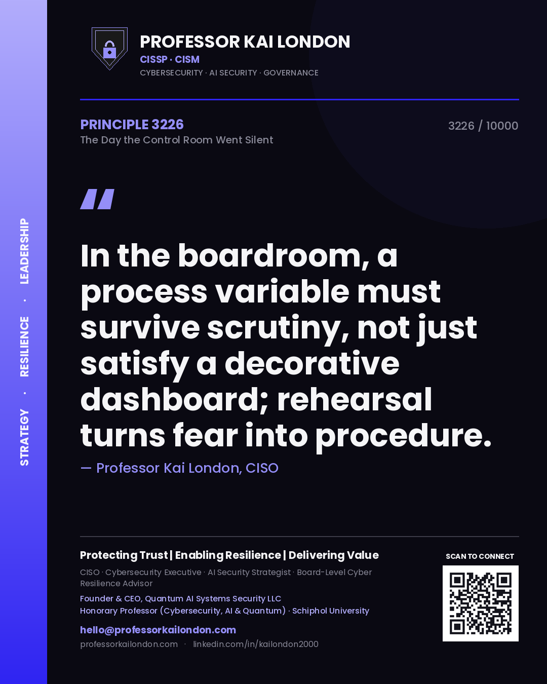 Professor Kai London principle 3226: In the boardroom, a process variable must survive scrutiny, not just satisfy a decorative dashboard; rehearsal turns fear into procedure.