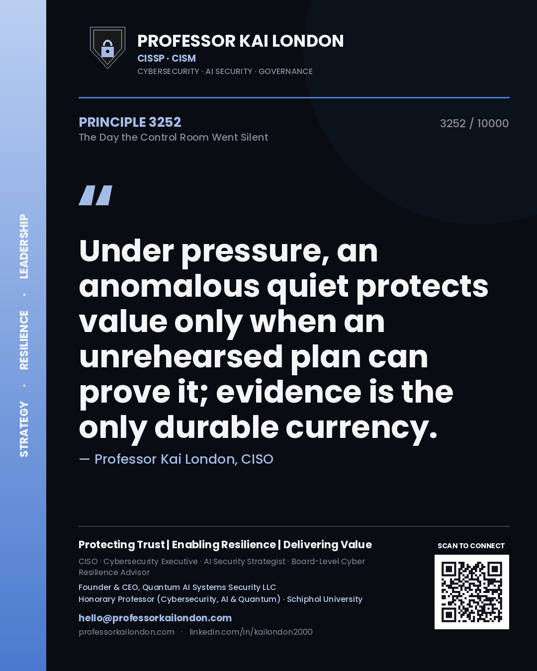 Quote card by Professor Kai London reading 'Under pressure, an anomalous quiet protects value only when an unrehearsed plan can prove it; evidence is the only durable currency.'. From the book The Day the Control Room Went Silent.