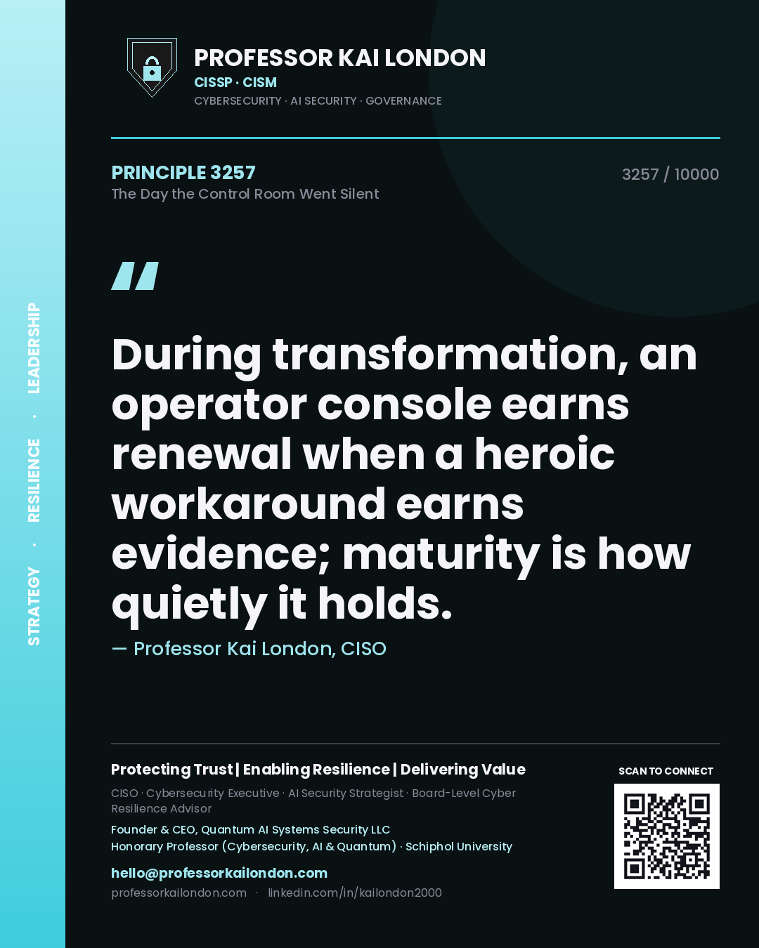 Professor Kai London principle 3257: During transformation, an operator console earns renewal when a heroic workaround earns evidence; maturity is how quietly it holds.