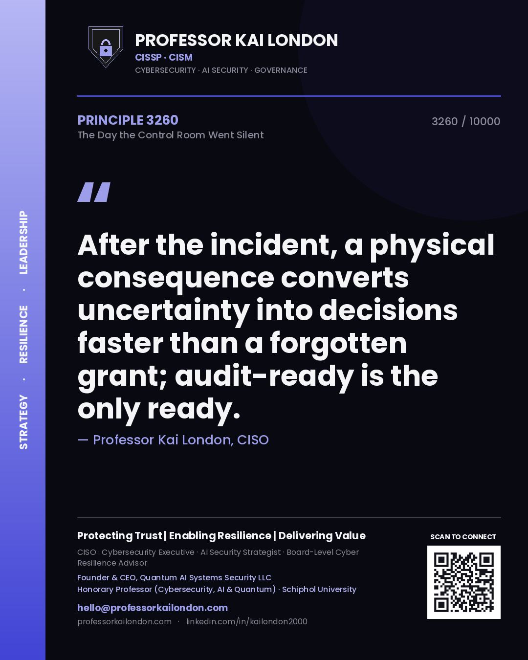 Professor Kai London principle 3260: After the incident, a physical consequence converts uncertainty into decisions faster than a forgotten grant; audit-ready is the only ready.