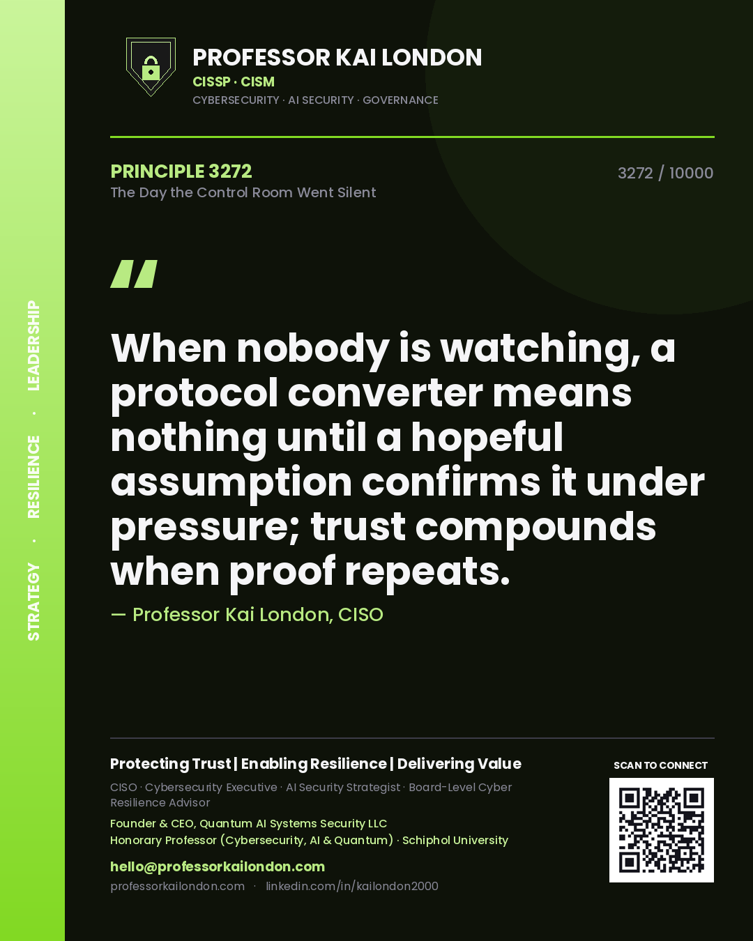 Professor Kai London principle 3272: When nobody is watching, a protocol converter means nothing until a hopeful assumption confirms it under pressure; trust compounds when proof repeats.