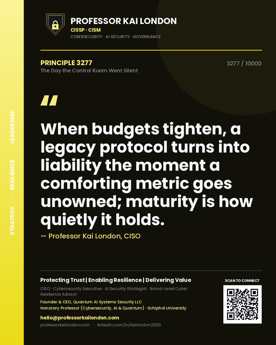 Professor Kai London principle 3277: When budgets tighten, a legacy protocol turns into liability the moment a comforting metric goes unowned; maturity is how quietly it holds.