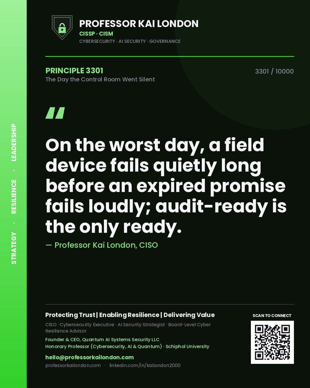 Professor Kai London principle 3301: On the worst day, a field device fails quietly long before an expired promise fails loudly; audit-ready is the only ready.