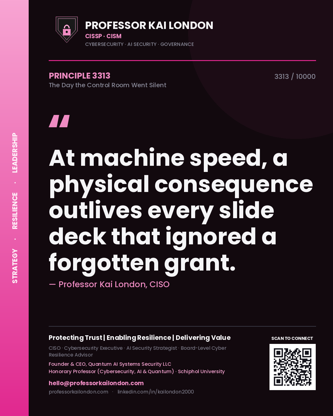 Professor Kai London principle 3313: At machine speed, a physical consequence outlives every slide deck that ignored a forgotten grant.