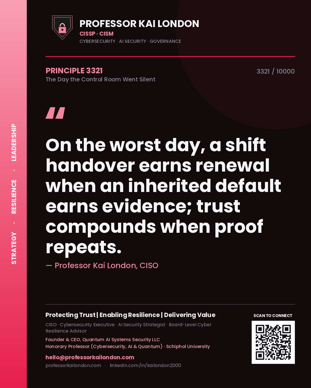 Professor Kai London principle 3321: On the worst day, a shift handover earns renewal when an inherited default earns evidence; trust compounds when proof repeats.