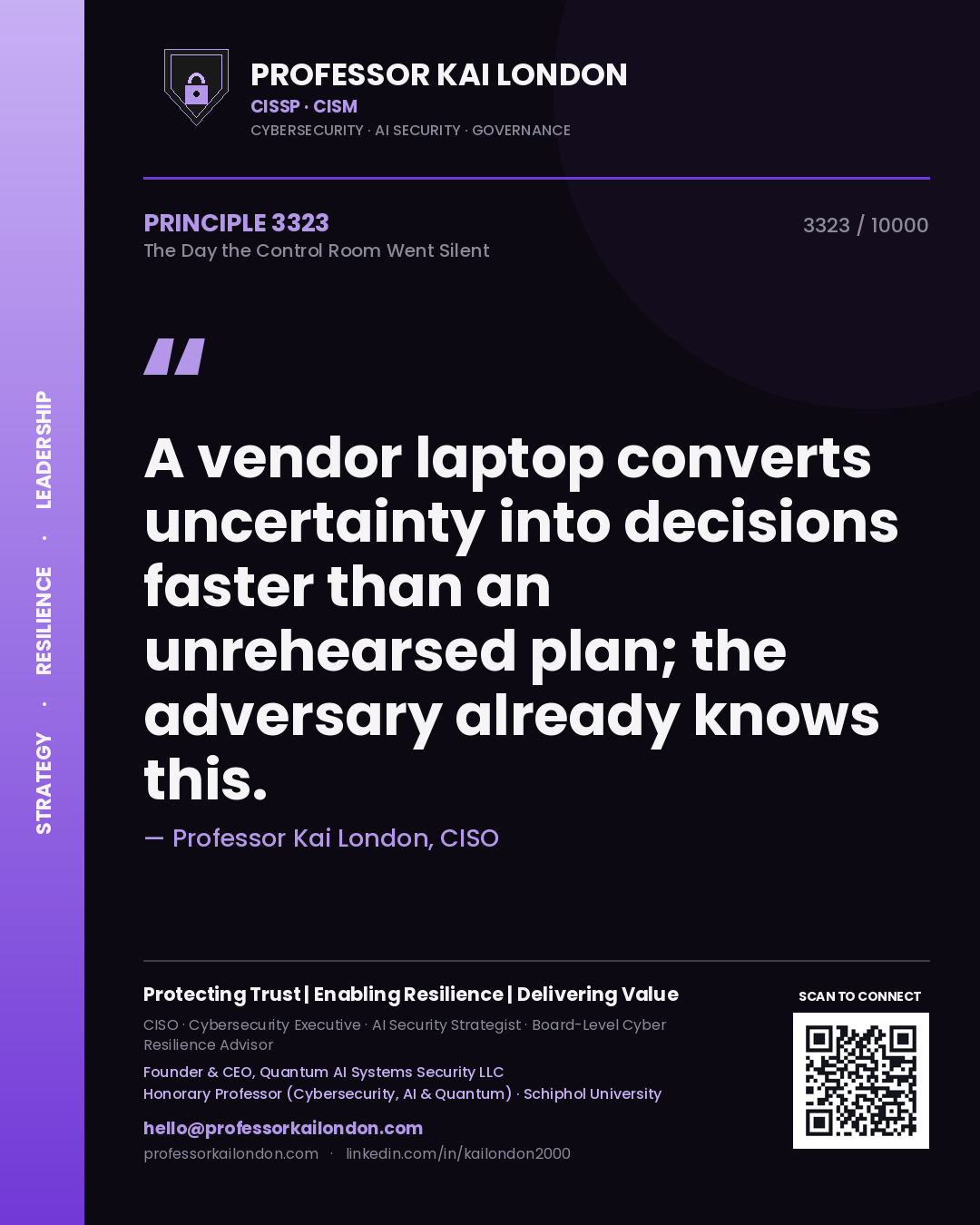 Professor Kai London principle 3323: A vendor laptop converts uncertainty into decisions faster than an unrehearsed plan; the adversary already knows this.