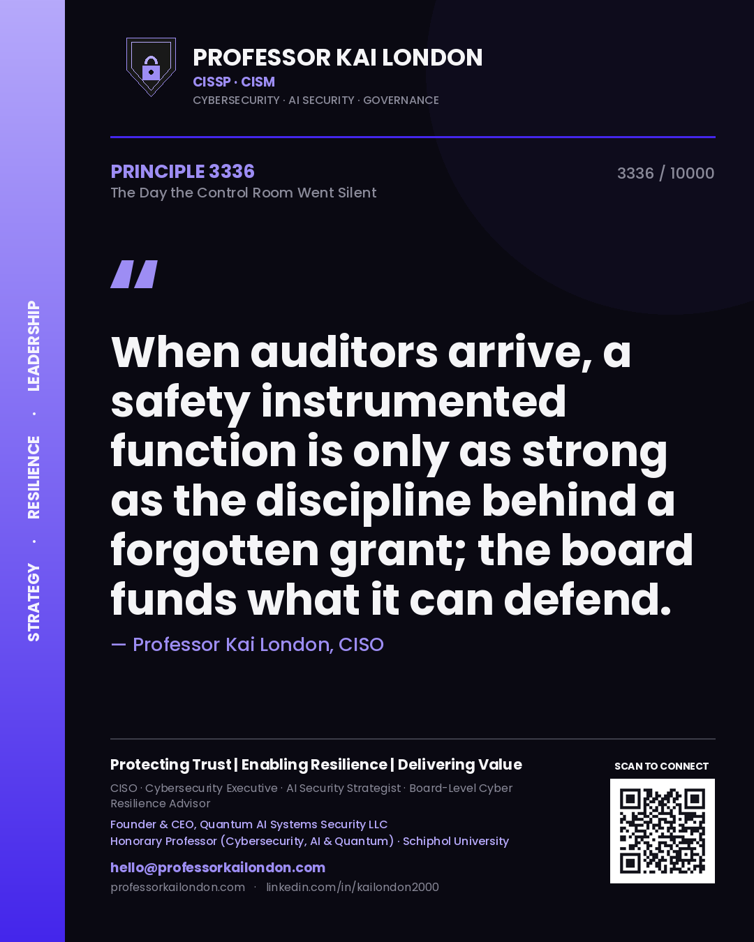 Quote card by Professor Kai London reading 'When auditors arrive, a safety instrumented function is only as strong as the discipline behind a forgotten grant; the board funds what it can defend.'. From the book The Day the Control Room Went Silent.