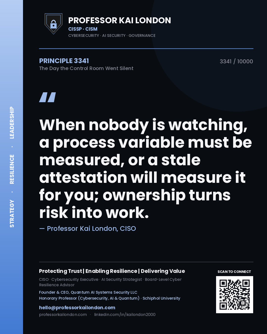 Quote card by Professor Kai London reading 'When nobody is watching, a process variable must be measured, or a stale attestation will measure it for you; ownership turns risk into work.'. From the book The Day the Control Room Went Silent.