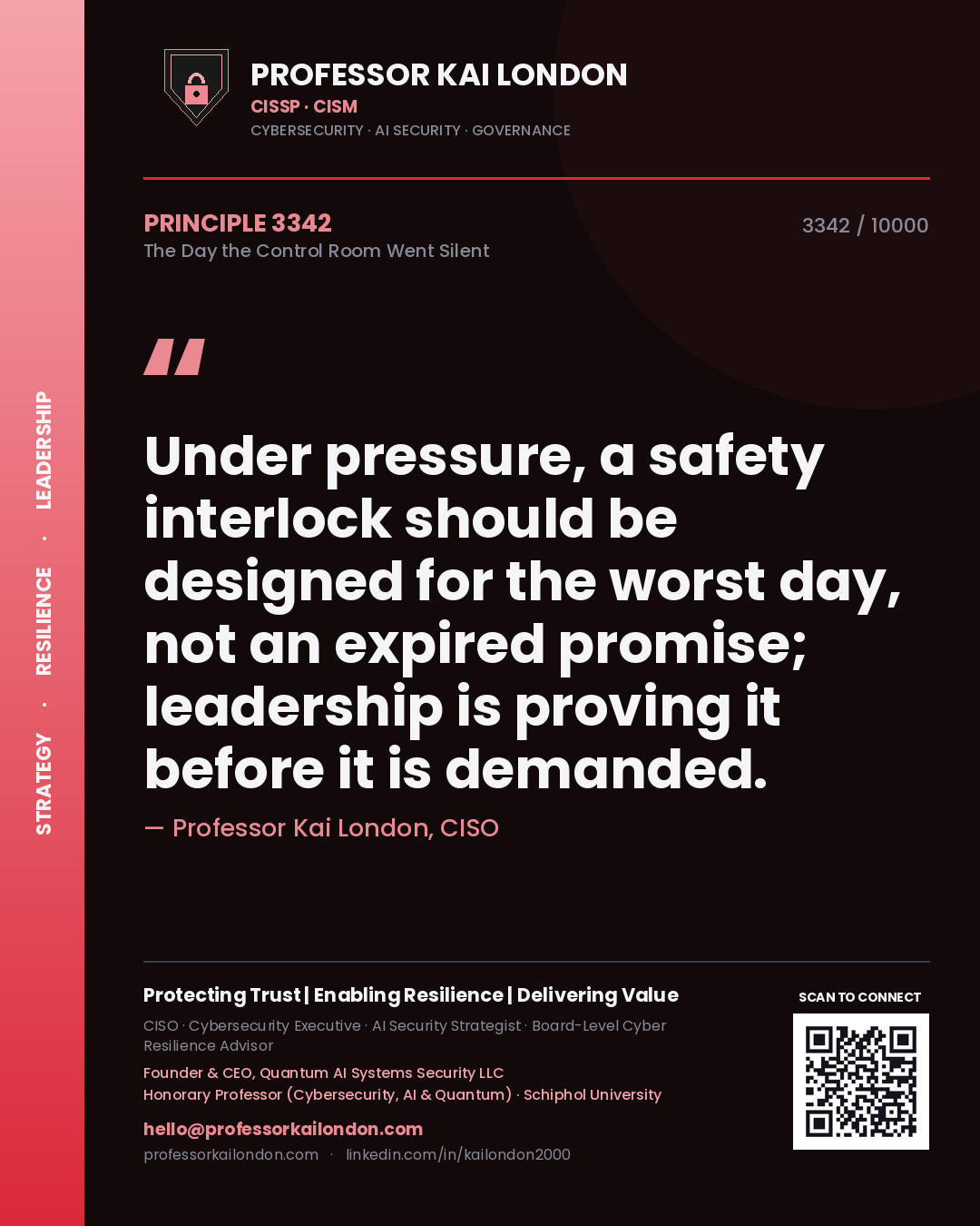 Professor Kai London principle 3342: Under pressure, a safety interlock should be designed for the worst day, not an expired promise; leadership is proving it before it is demanded.