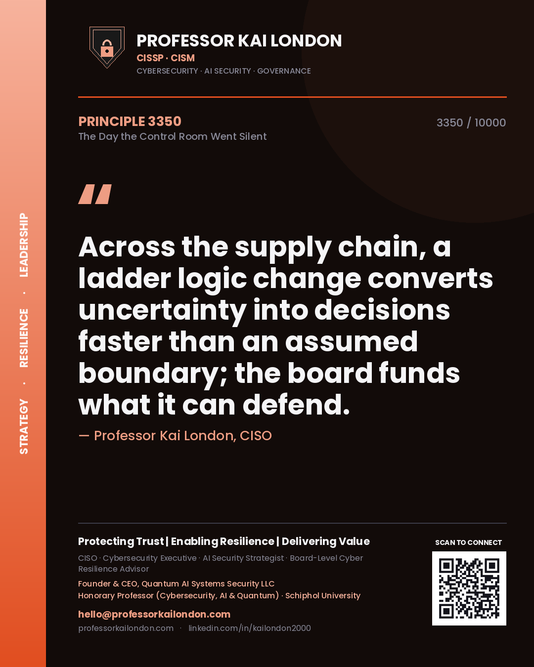Quote card by Professor Kai London reading 'Across the supply chain, a ladder logic change converts uncertainty into decisions faster than an assumed boundary; the board funds what it can defend.'. From the book The Day the Control Room Went Silent.