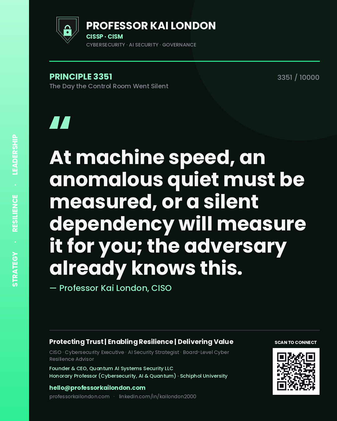 Professor Kai London principle 3351: At machine speed, an anomalous quiet must be measured, or a silent dependency will measure it for you; the adversary already knows this.