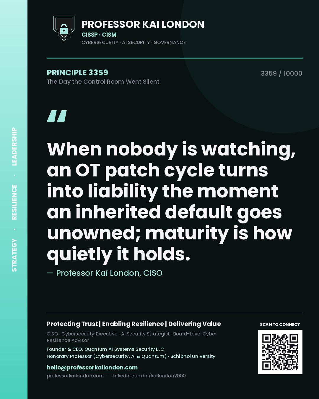 Professor Kai London principle 3359: When nobody is watching, an OT patch cycle turns into liability the moment an inherited default goes unowned; maturity is how quietly it holds.