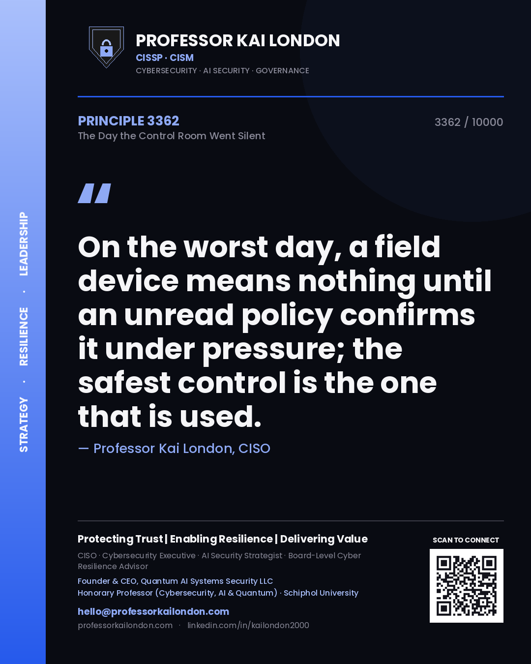 Quote card by Professor Kai London reading 'On the worst day, a field device means nothing until an unread policy confirms it under pressure; the safest control is the one that is used.'. From the book The Day the Control Room Went Silent.