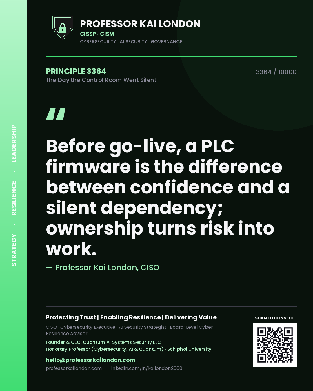 Professor Kai London principle 3364: Before go-live, a PLC firmware is the difference between confidence and a silent dependency; ownership turns risk into work.