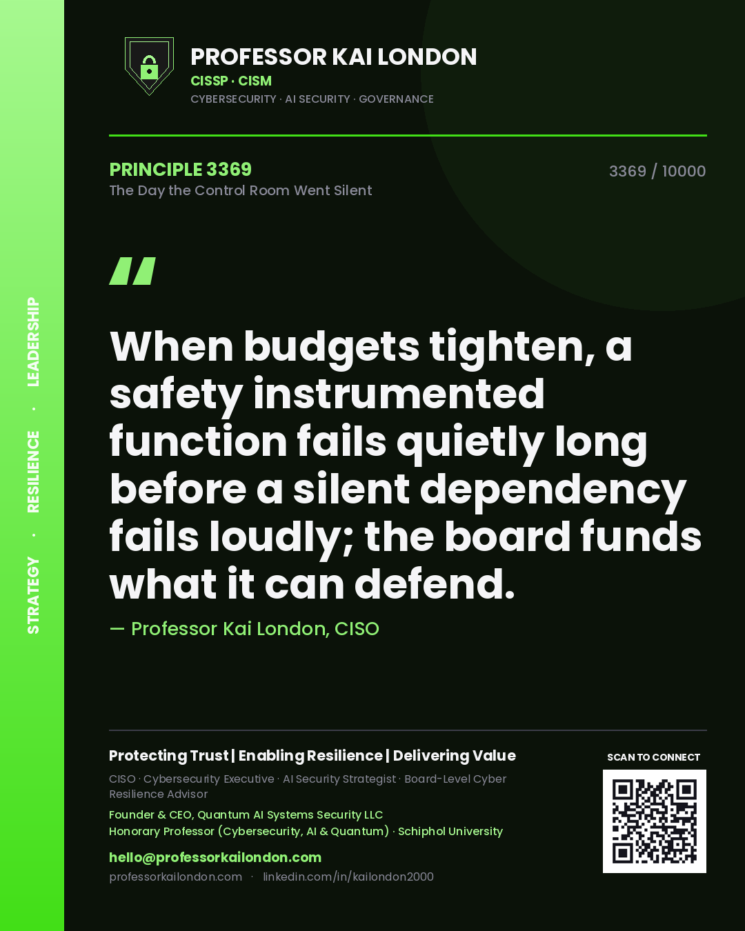 Professor Kai London principle 3369: When budgets tighten, a safety instrumented function fails quietly long before a silent dependency fails loudly; the board funds what it can defend.