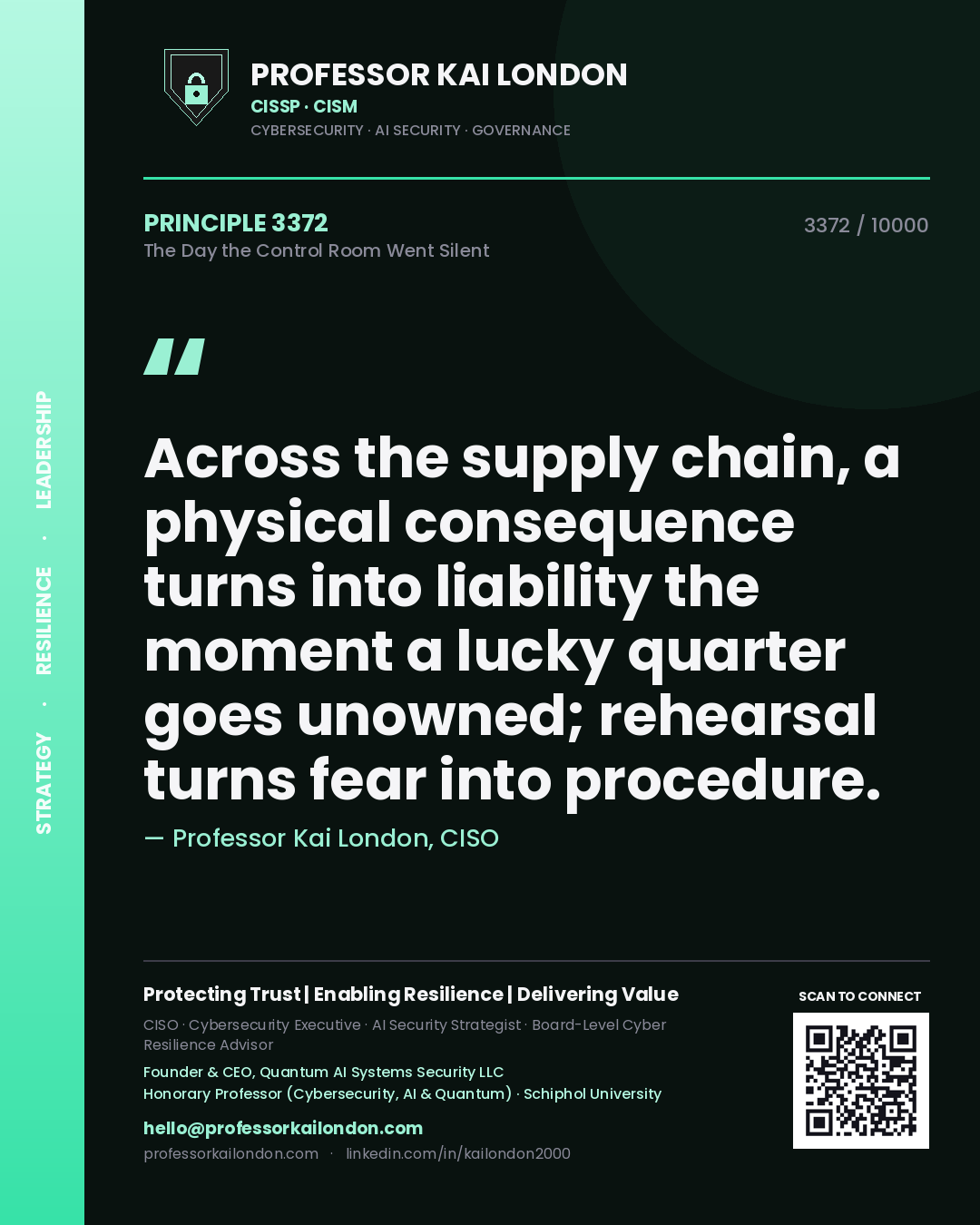 Quote card by Professor Kai London reading 'Across the supply chain, a physical consequence turns into liability the moment a lucky quarter goes unowned; rehearsal turns fear into procedure.'. From the book The Day the Control Room Went Silent.