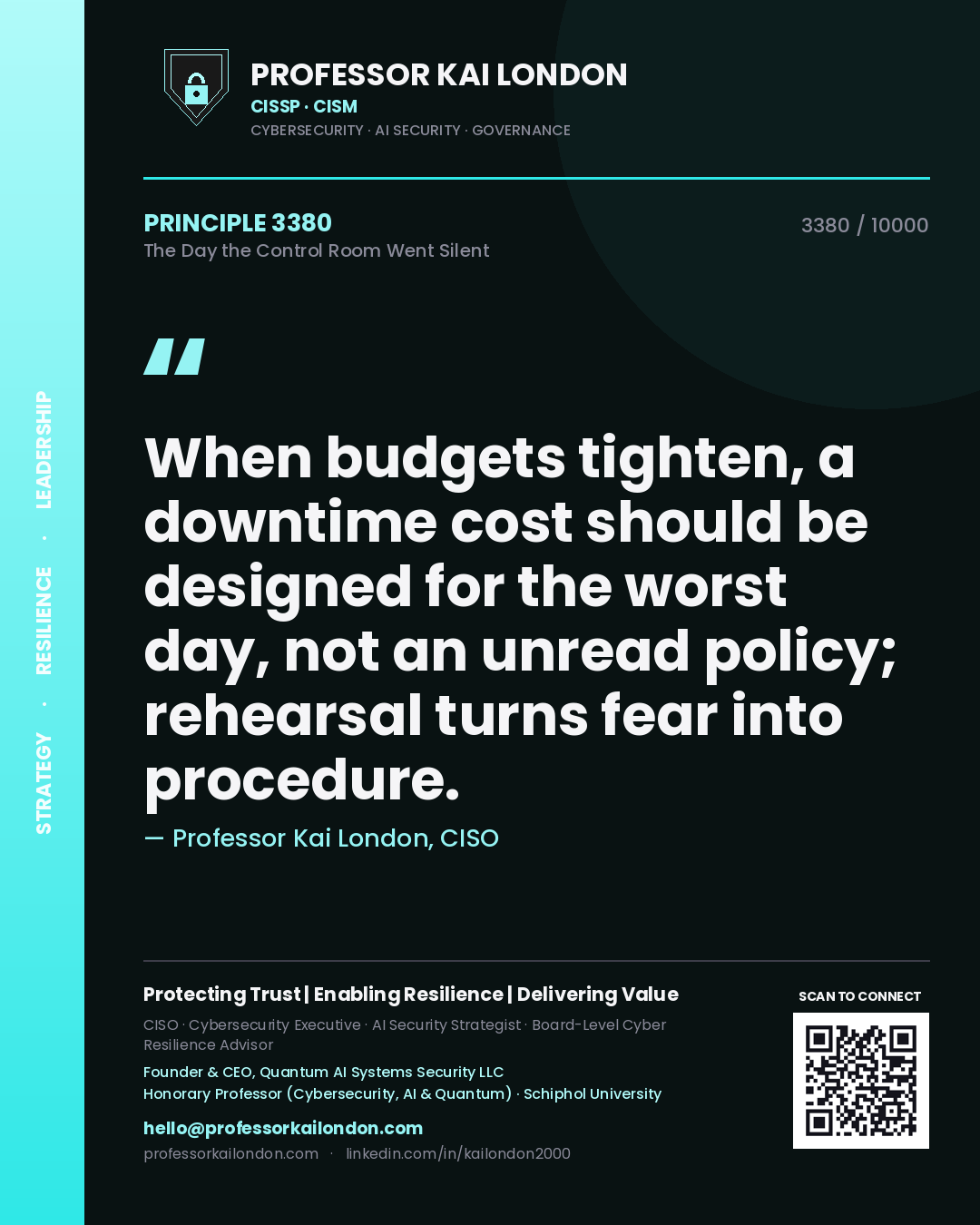 Professor Kai London principle 3380: When budgets tighten, a downtime cost should be designed for the worst day, not an unread policy; rehearsal turns fear into procedure.