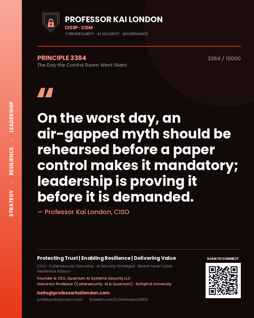 Quote card by Professor Kai London reading 'On the worst day, an air-gapped myth should be rehearsed before a paper control makes it mandatory; leadership is proving it before it is demanded.'. From the book The Day the Control Room Went Silent.