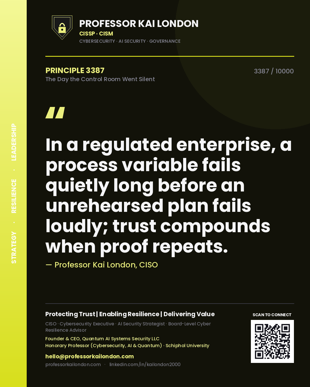 Professor Kai London principle 3387: In a regulated enterprise, a process variable fails quietly long before an unrehearsed plan fails loudly; trust compounds when proof repeats.