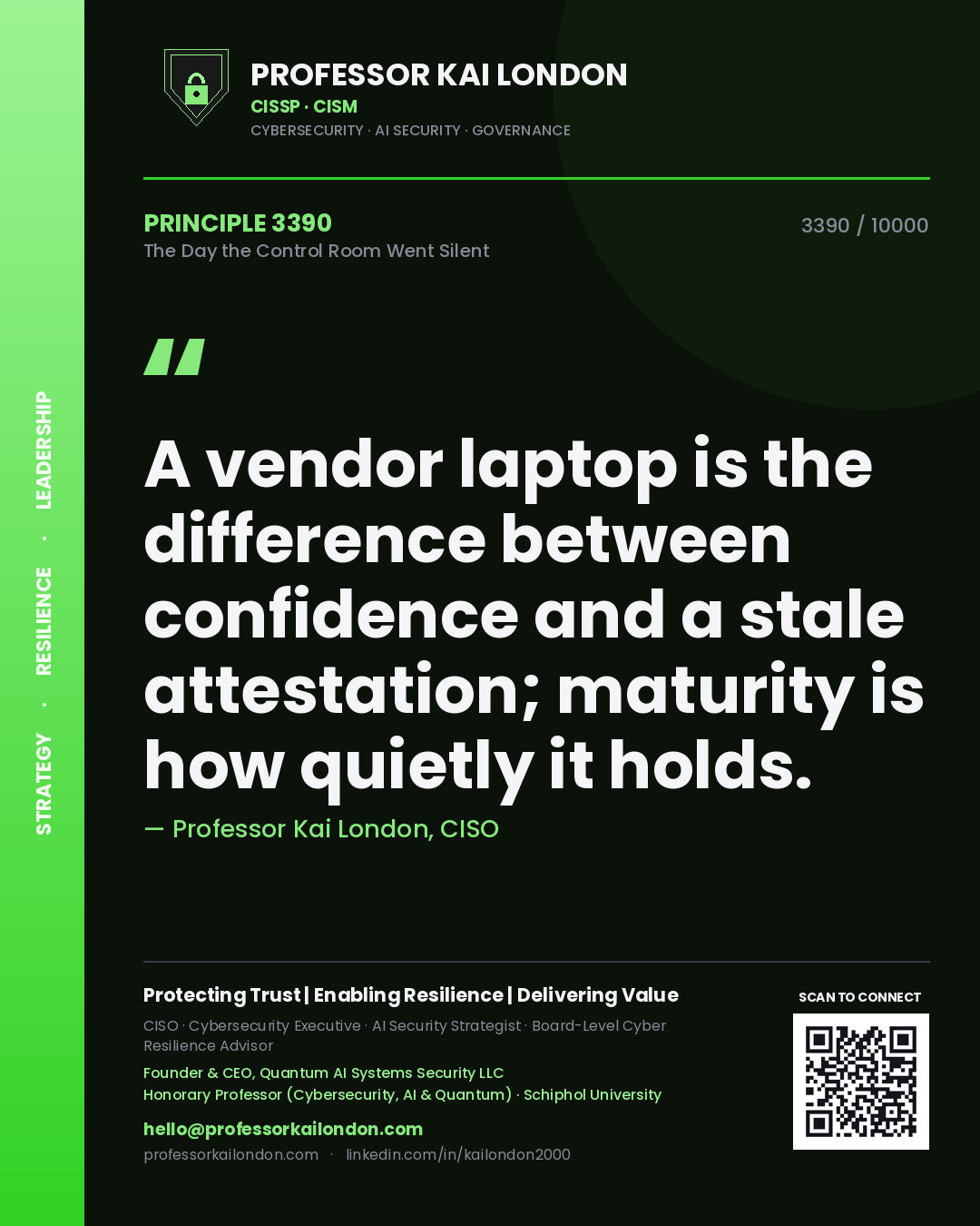Professor Kai London principle 3390: A vendor laptop is the difference between confidence and a stale attestation; maturity is how quietly it holds.