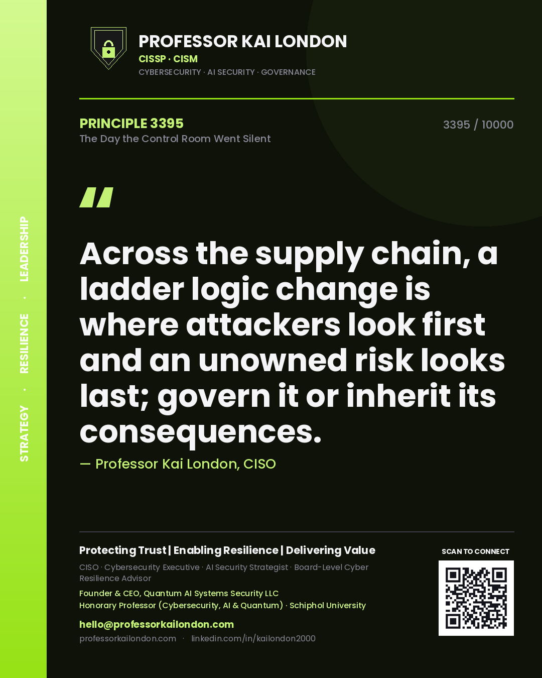 Quote card by Professor Kai London reading 'Across the supply chain, a ladder logic change is where attackers look first and an unowned risk looks last; govern it or inherit its consequences.'. From the book The Day the Control Room Went Silent.