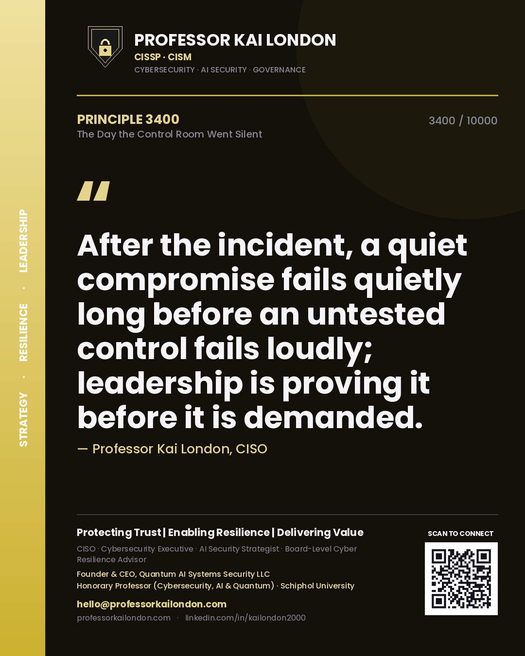 Quote card by Professor Kai London reading 'After the incident, a quiet compromise fails quietly long before an untested control fails loudly; leadership is proving it before it is demanded.'. From the book The Day the Control Room Went Silent.