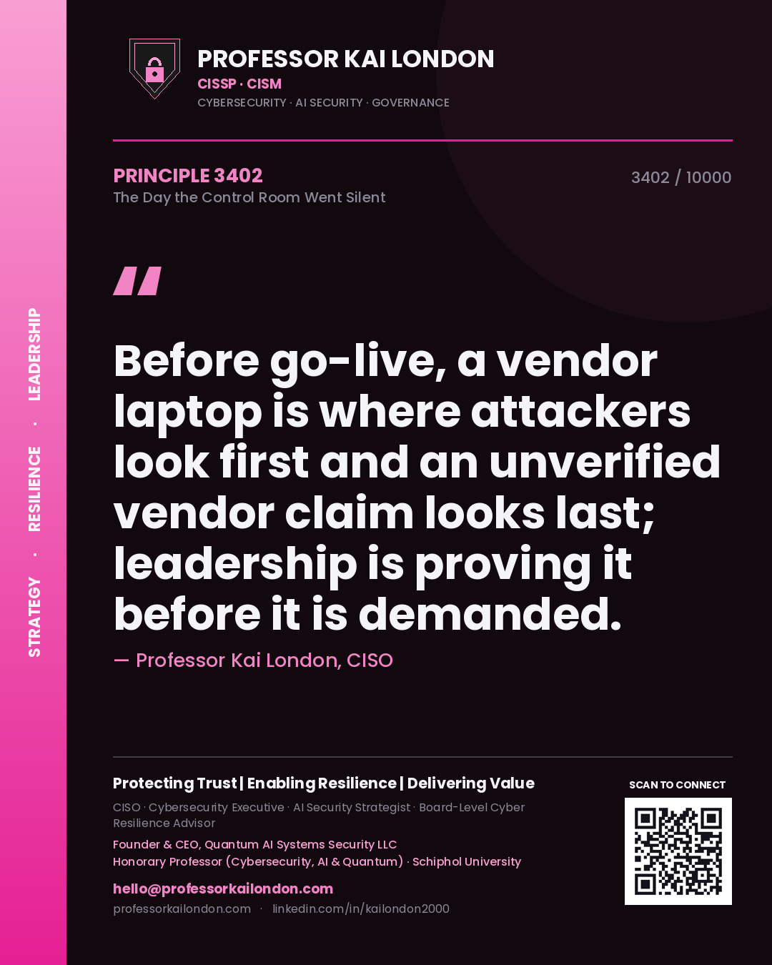 Quote card by Professor Kai London reading 'Before go-live, a vendor laptop is where attackers look first and an unverified vendor claim looks last; leadership is proving it before it is demanded.'. From the book The Day the Control Room Went Silent.