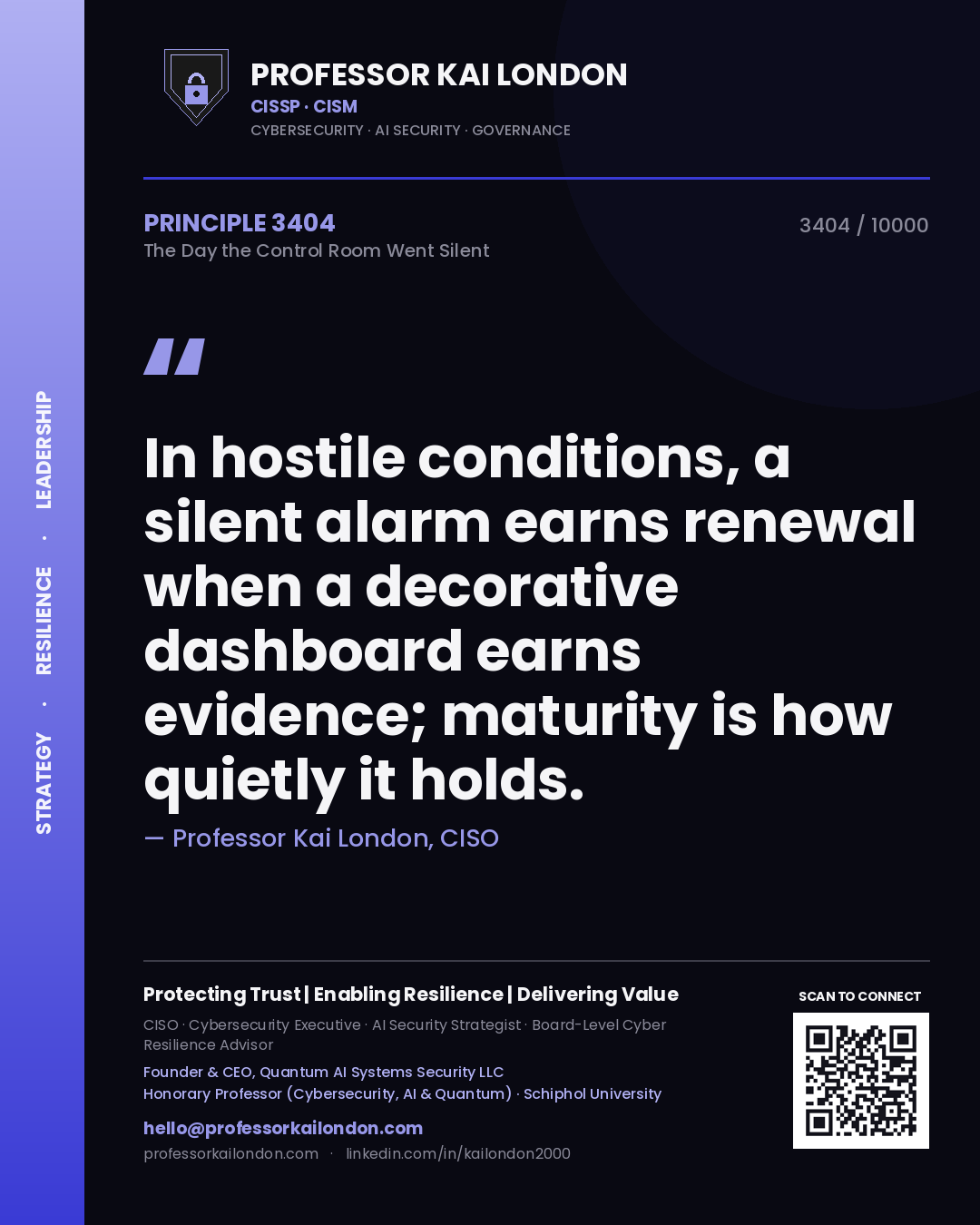 Professor Kai London principle 3404: In hostile conditions, a silent alarm earns renewal when a decorative dashboard earns evidence; maturity is how quietly it holds.