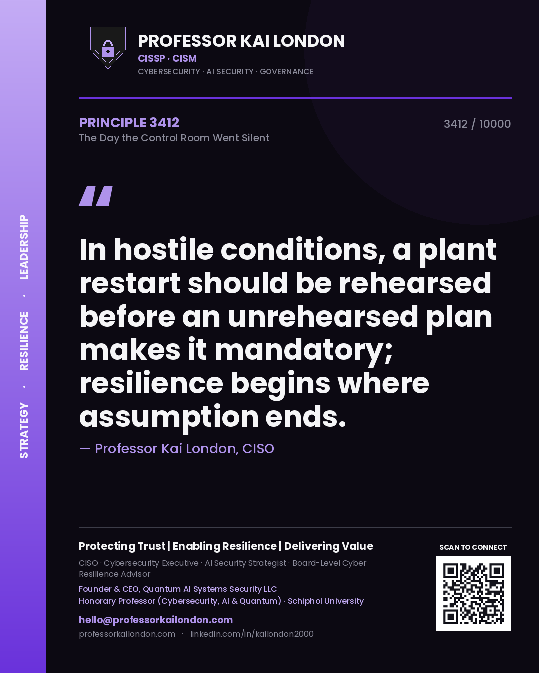 Quote card by Professor Kai London reading 'In hostile conditions, a plant restart should be rehearsed before an unrehearsed plan makes it mandatory; resilience begins where assumption ends.'. From the book The Day the Control Room Went Silent.