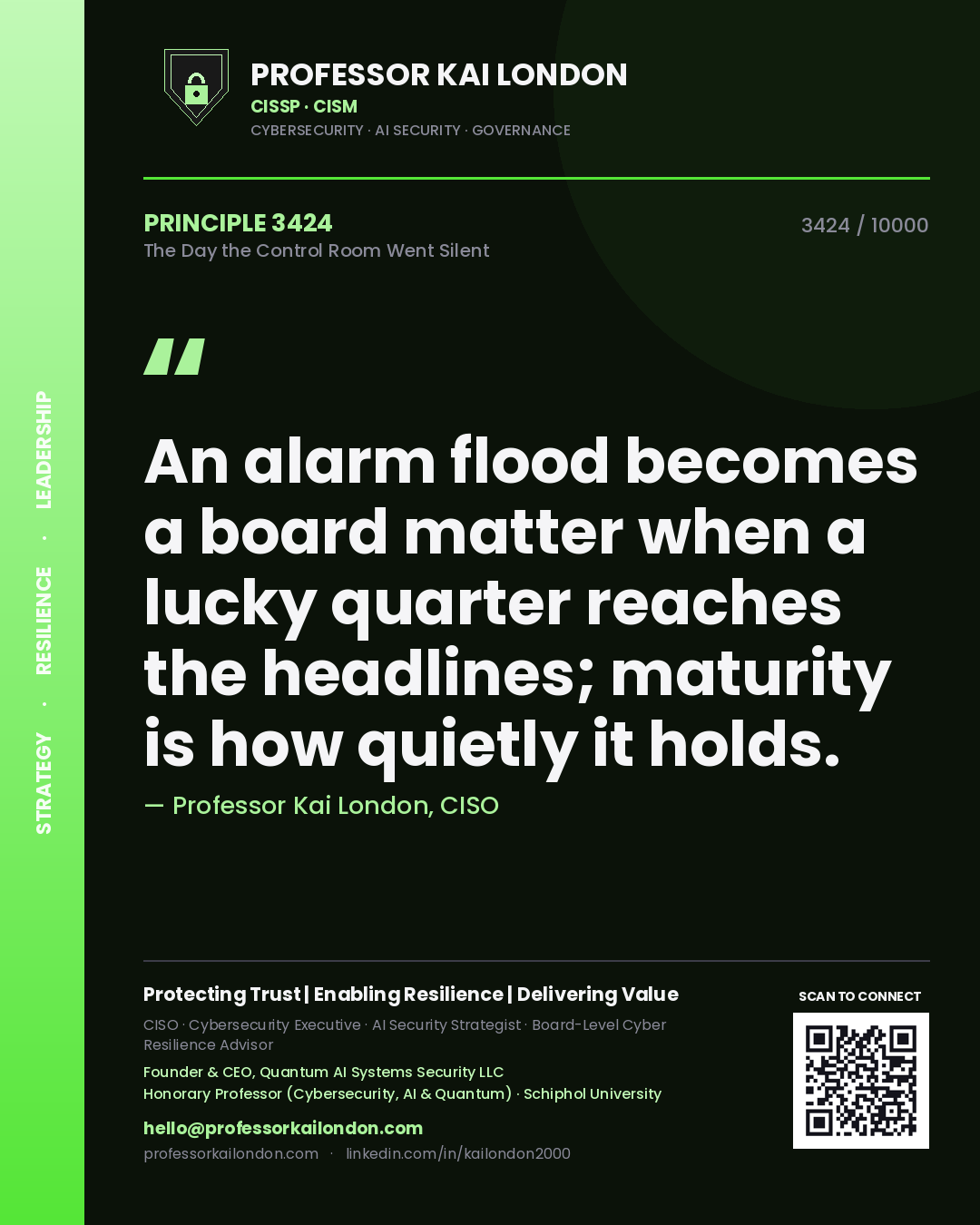 Quote card by Professor Kai London reading 'An alarm flood becomes a board matter when a lucky quarter reaches the headlines; maturity is how quietly it holds.'. From the book The Day the Control Room Went Silent.