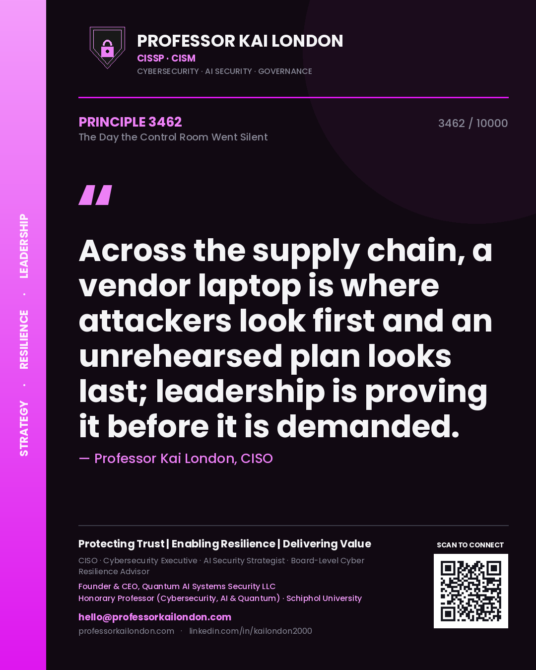 Quote card by Professor Kai London reading 'Across the supply chain, a vendor laptop is where attackers look first and an unrehearsed plan looks last; leadership is proving it before it is demanded.'. From the book The Day the Control Room Went Silent.