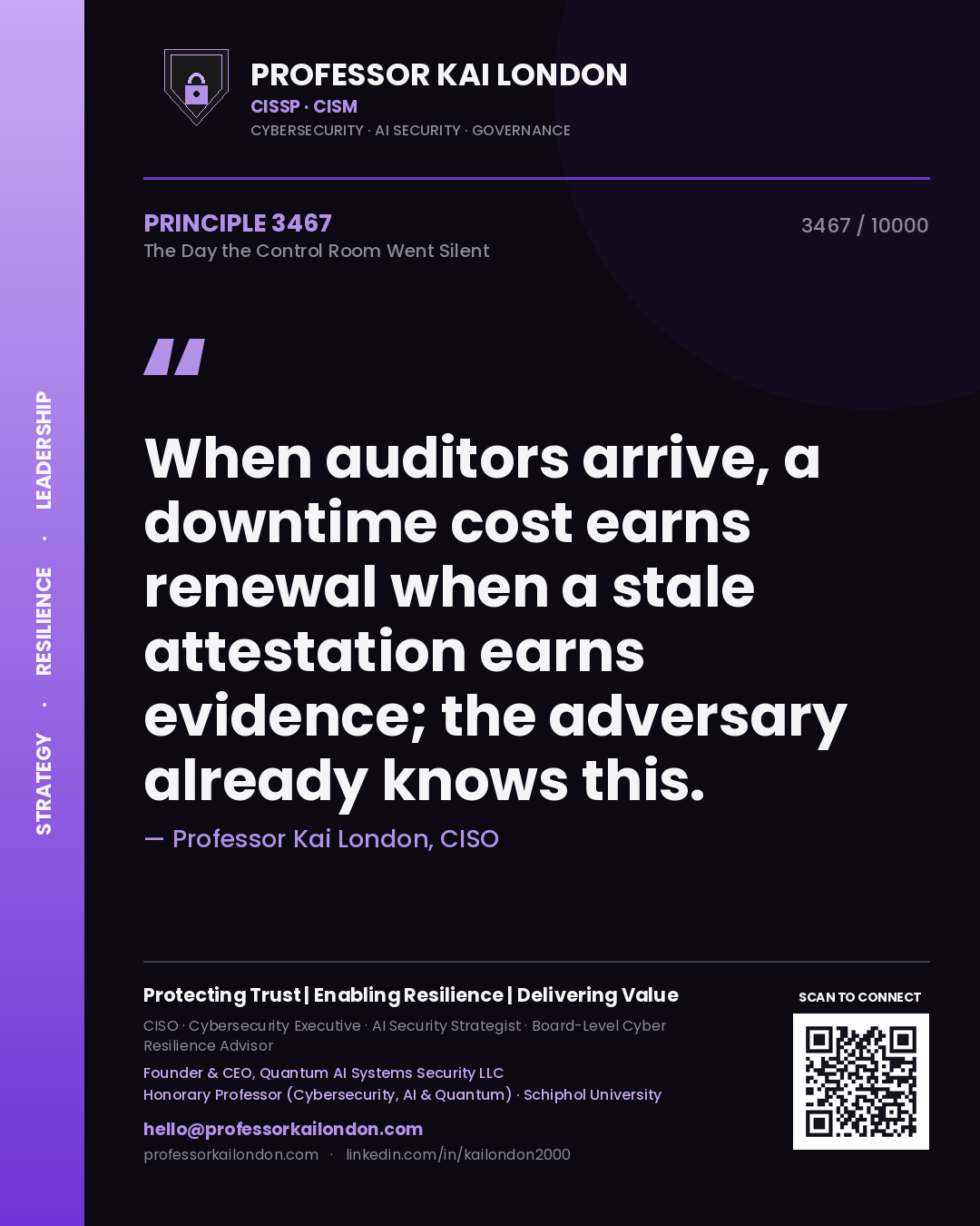 Professor Kai London principle 3467: When auditors arrive, a downtime cost earns renewal when a stale attestation earns evidence; the adversary already knows this.
