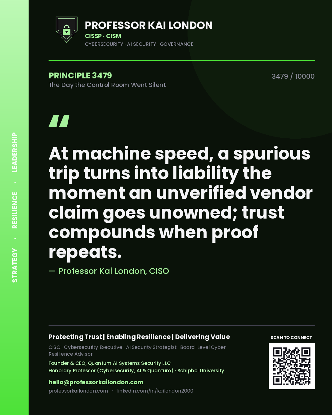 Quote card by Professor Kai London reading 'At machine speed, a spurious trip turns into liability the moment an unverified vendor claim goes unowned; trust compounds when proof repeats.'. From the book The Day the Control Room Went Silent.