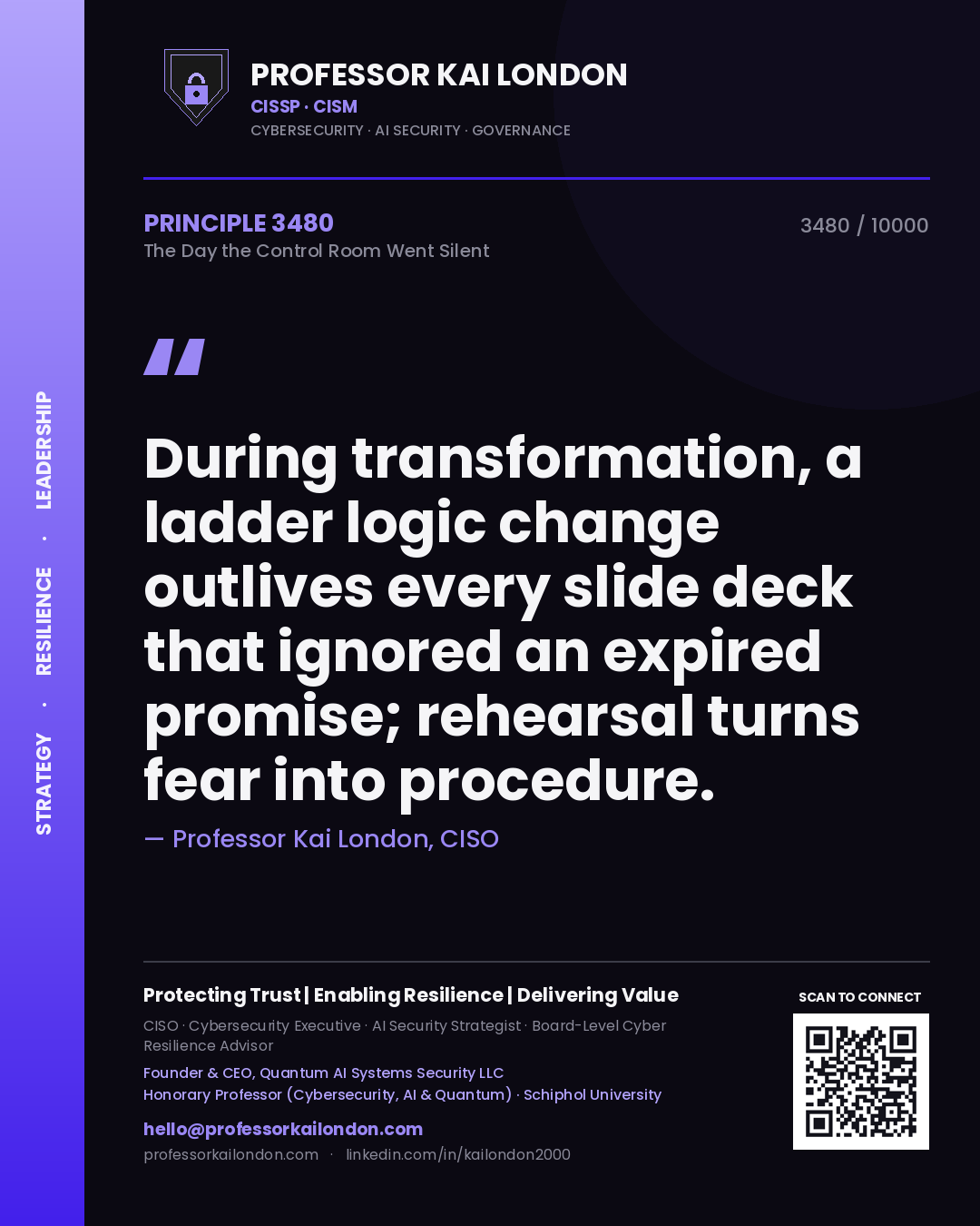Quote card by Professor Kai London reading 'During transformation, a ladder logic change outlives every slide deck that ignored an expired promise; rehearsal turns fear into procedure.'. From the book The Day the Control Room Went Silent.