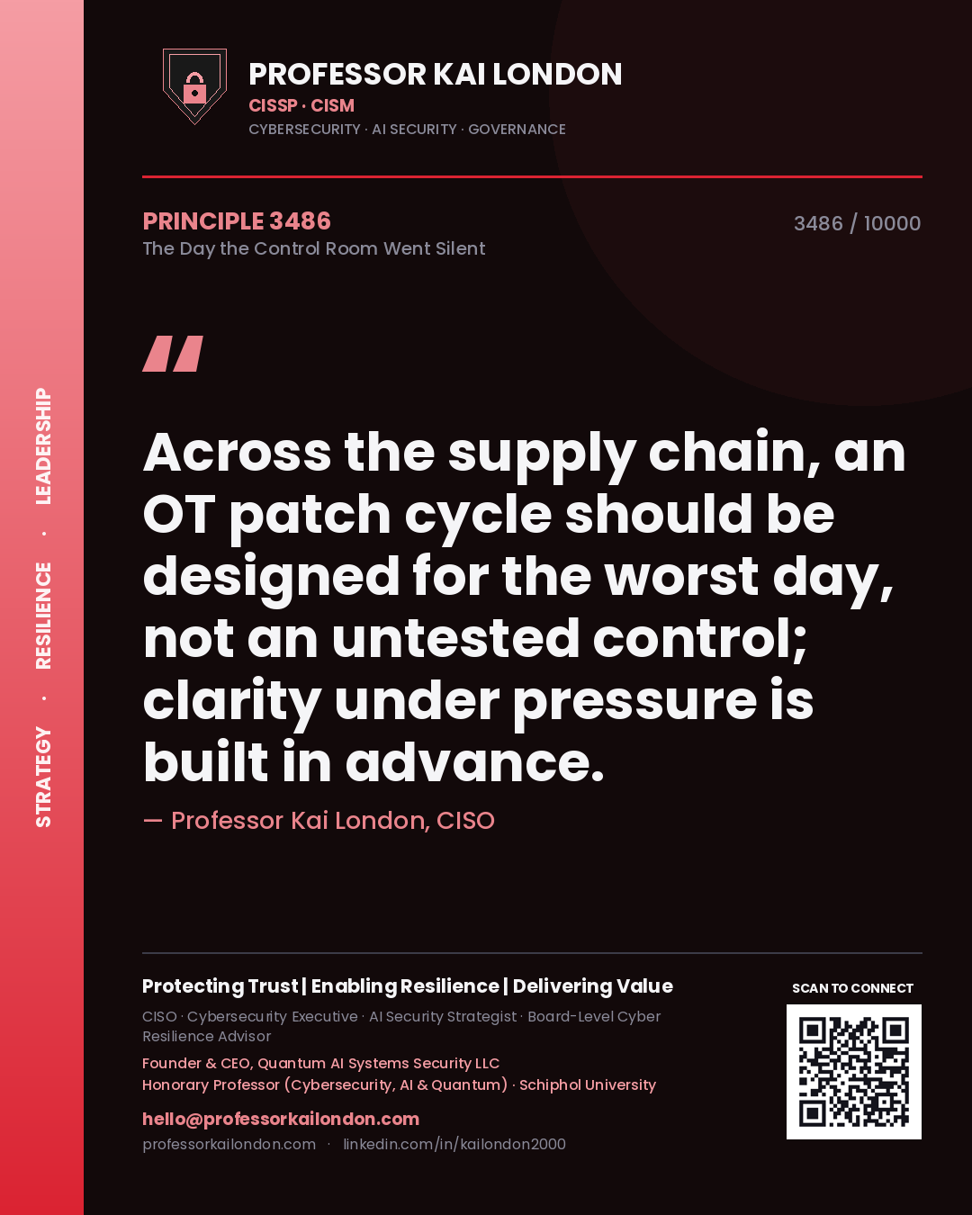 Quote card by Professor Kai London reading 'Across the supply chain, an OT patch cycle should be designed for the worst day, not an untested control; clarity under pressure is built in advance.'. From the book The Day the Control Room Went Silent.