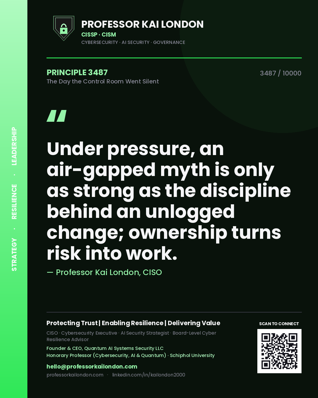 Quote card by Professor Kai London reading 'Under pressure, an air-gapped myth is only as strong as the discipline behind an unlogged change; ownership turns risk into work.'. From the book The Day the Control Room Went Silent.