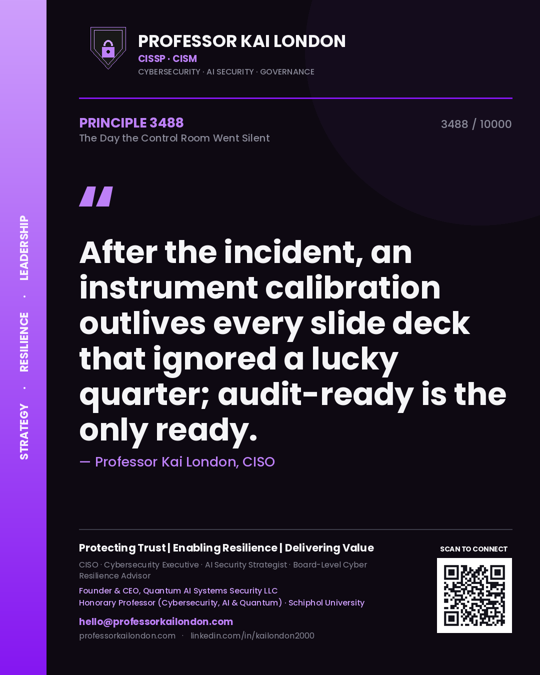 Quote card by Professor Kai London reading 'After the incident, an instrument calibration outlives every slide deck that ignored a lucky quarter; audit-ready is the only ready.'. From the book The Day the Control Room Went Silent.