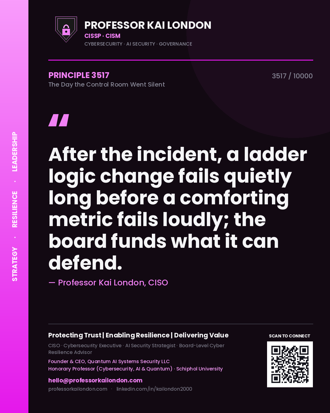 Professor Kai London principle 3517: After the incident, a ladder logic change fails quietly long before a comforting metric fails loudly; the board funds what it can defend.