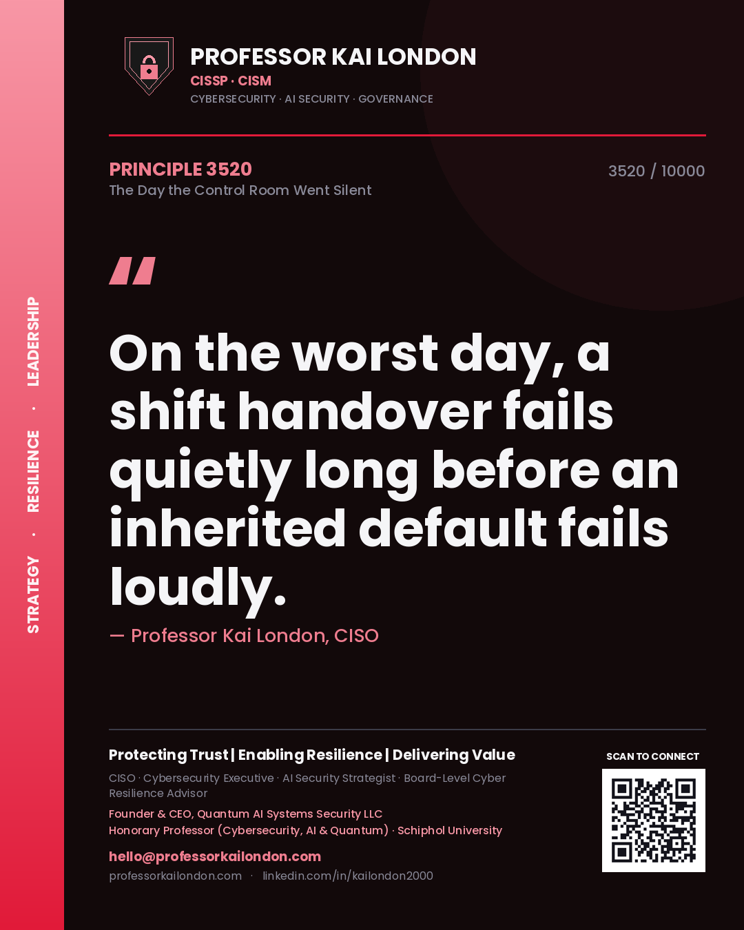 Quote card by Professor Kai London reading 'On the worst day, a shift handover fails quietly long before an inherited default fails loudly.'. From the book The Day the Control Room Went Silent.