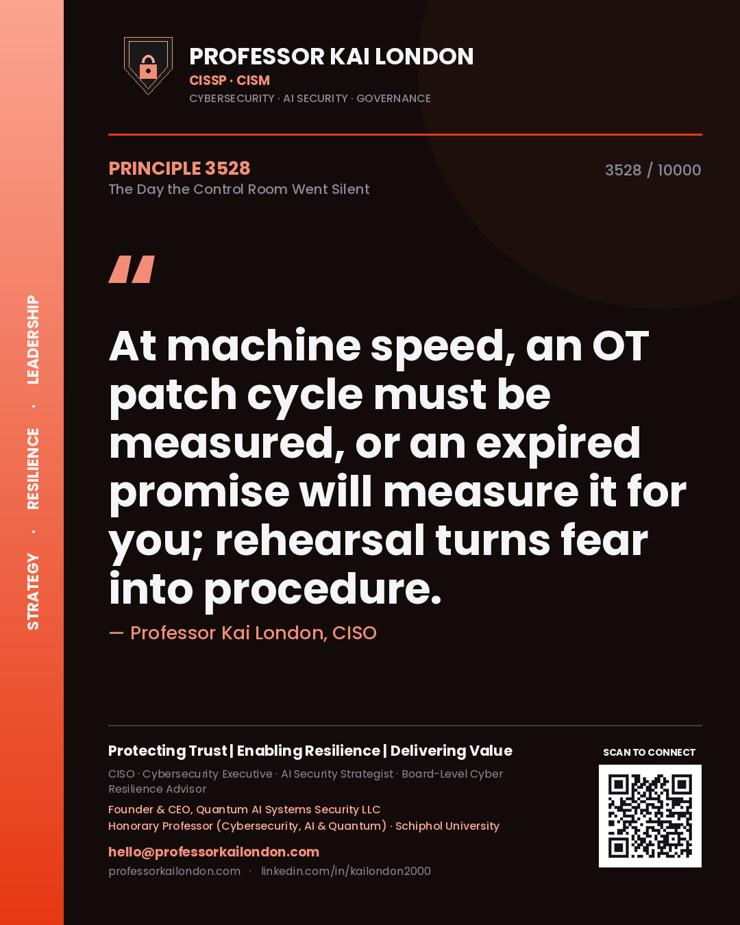 Quote card by Professor Kai London reading 'At machine speed, an OT patch cycle must be measured, or an expired promise will measure it for you; rehearsal turns fear into procedure.'. From the book The Day the Control Room Went Silent.