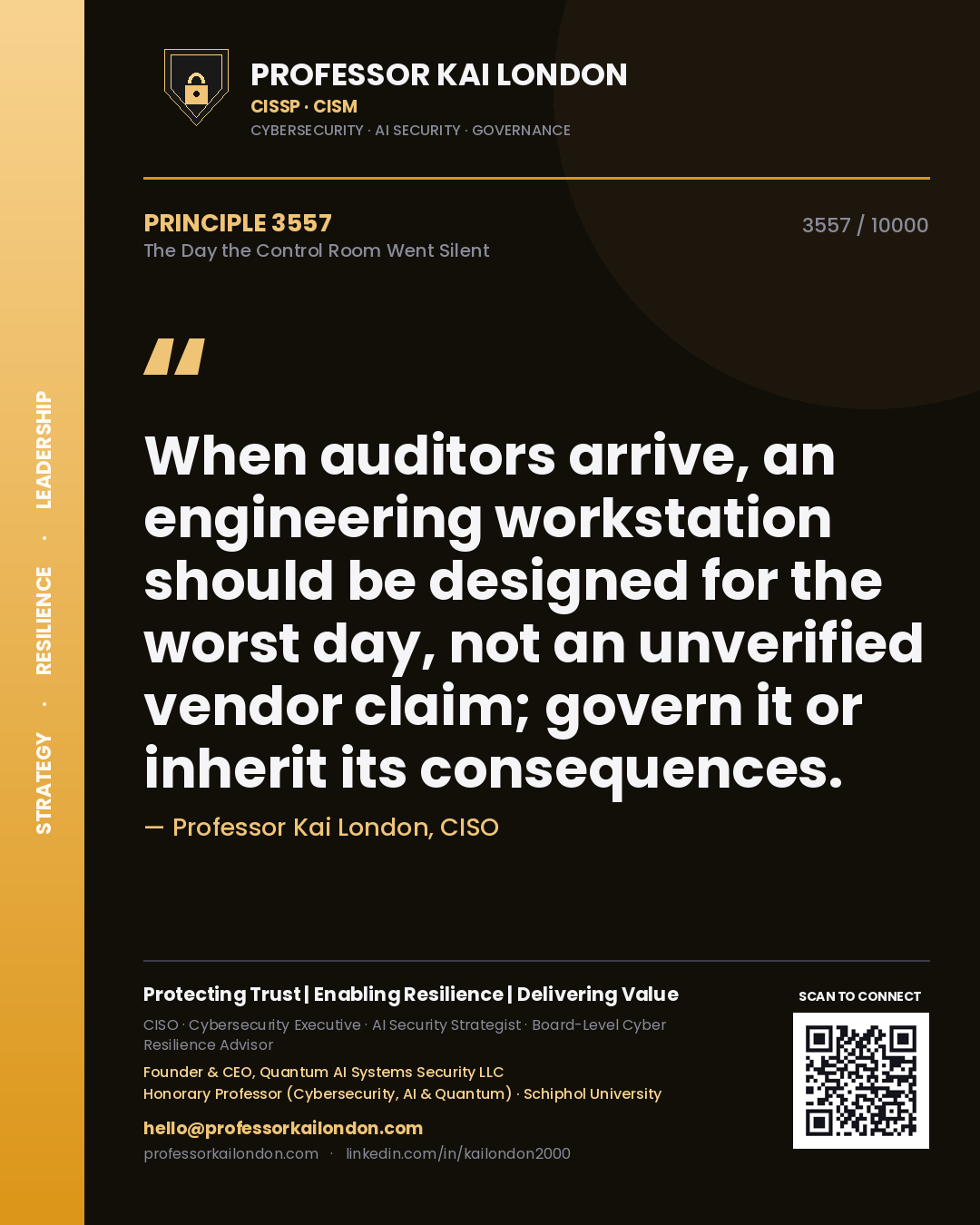 Professor Kai London principle 3557: When auditors arrive, an engineering workstation should be designed for the worst day, not an unverified vendor claim; govern it or inherit its consequences.