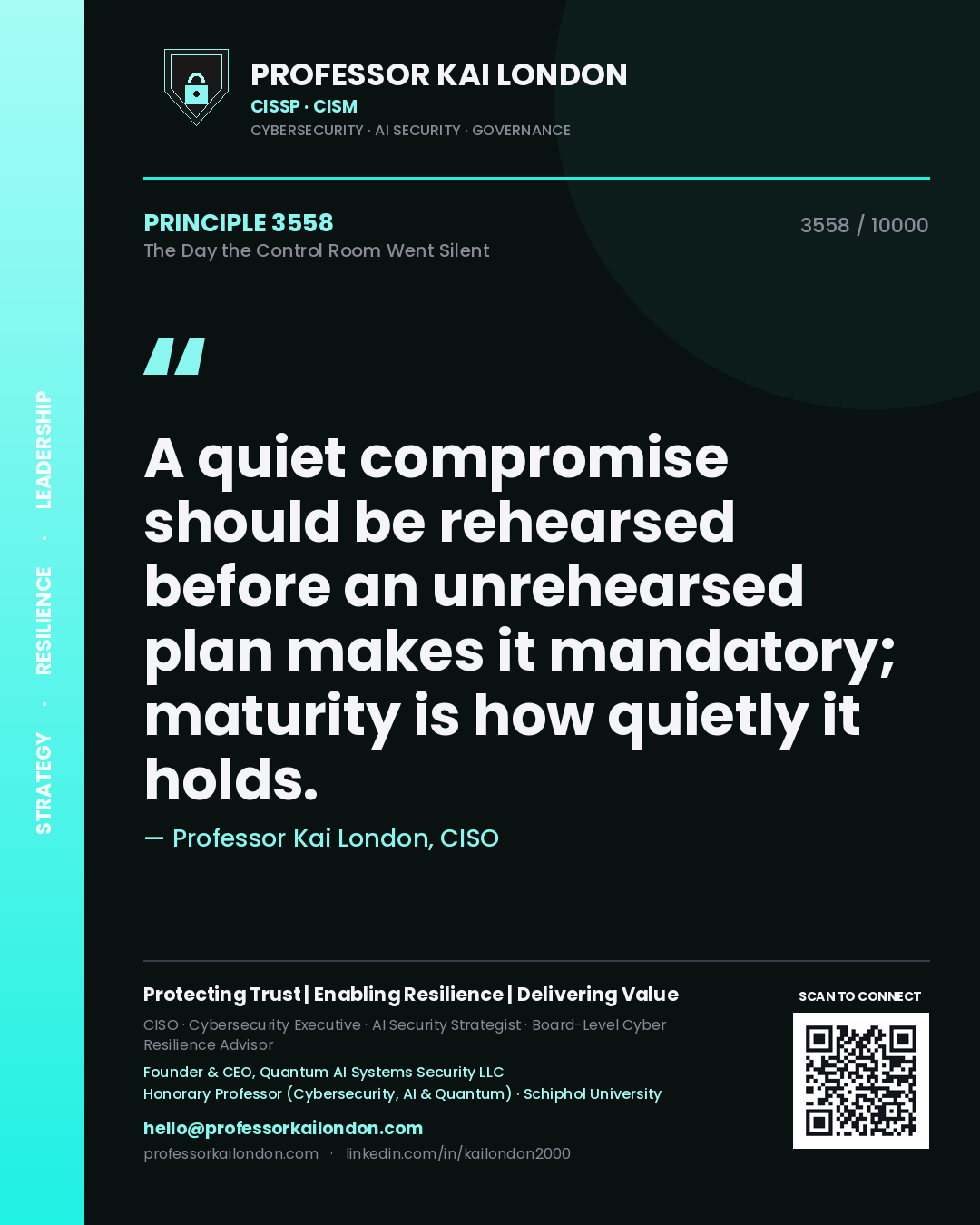 Quote card by Professor Kai London reading 'A quiet compromise should be rehearsed before an unrehearsed plan makes it mandatory; maturity is how quietly it holds.'. From the book The Day the Control Room Went Silent.